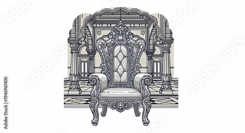 Ornate throne with tufted seat, set in a grand hall with pillars and arched architecture