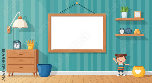A cheerful cartoon girl in a turquoise room with a blank frame, shelves, and furniture, ready to learn