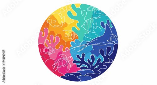 Vibrant circular illustration of diverse marine life including fish, manta ray, and turtle among colorful corals