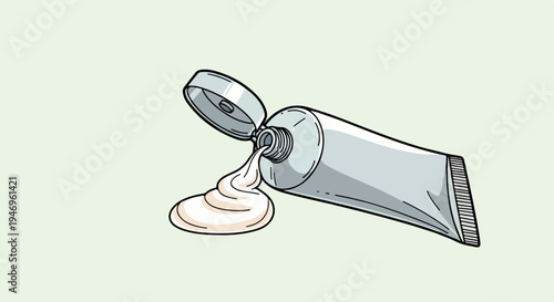 A detailed cartoon illustration of a grey tube of cream with its cap open, squeezing out a pale substance
