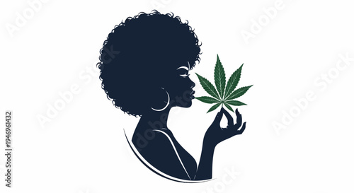 Silhouette of a woman with an afro hairstyle and hoop earrings holding a green cannabis leaf