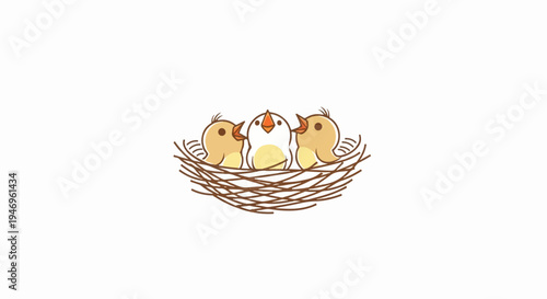 Three adorable cartoon baby birds, two brown and one white with orange beak, sit in a nest, mouths open
