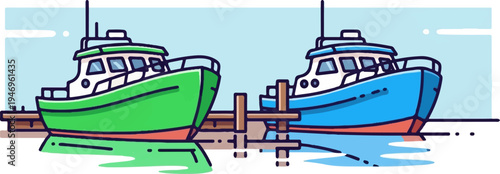 Colorful cartoon illustration of two fishing boats, green and blue, docked next to each other on water
