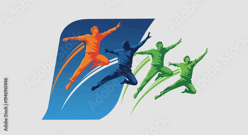 Stylized graphic of multiple vibrant figures leaping dynamically, symbolizing energy, freedom, and movement