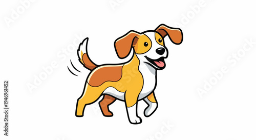A cheerful cartoon dog, colored brown, orange, and white, stands happily with a wagging tail