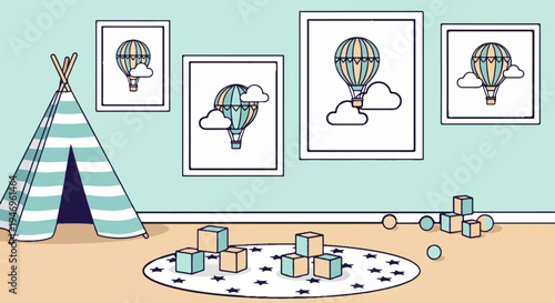 A playful children's room with a teepee, building blocks, and framed hot air balloon art on the wall