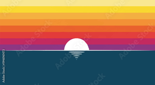 Minimalist sunset graphic with striped sky in warm and cool tones over a dark ocean, featuring a white sun and reflection