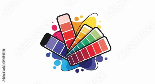 A vibrant fanned color palette or swatch book with abstract colorful shapes and dots on white