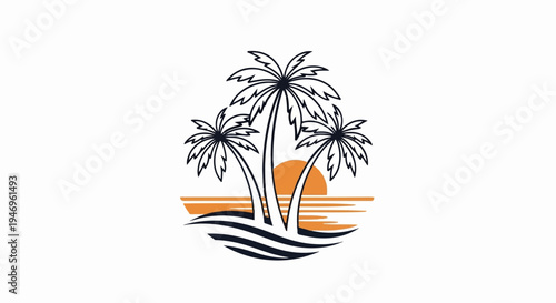 An illustration of three palm trees silhouetted against an orange sun setting over stylized water waves