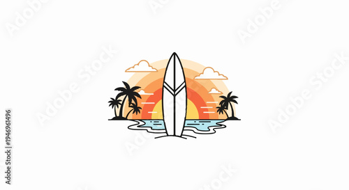 Minimalist line art illustration of a surfboard on a tropical beach at sunset with palm trees