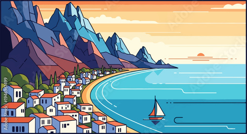 Stylized illustration of a vibrant Mediterranean coastal town with mountains, bay, and sailboat at sunset