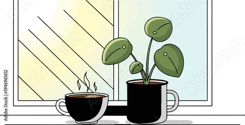 Simple illustration of a potted plant and a steaming cup of coffee on a windowsill with sunlight
