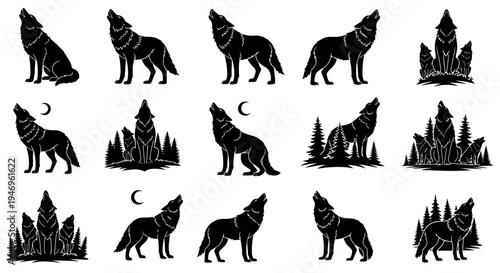 Howling Wolf Silhouette Collection: Forest, Moon, and Night Scenes
