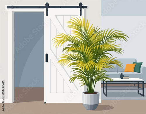 A modern indoor living space featuring a large potted palm plant, a white sliding barn door, and a couch