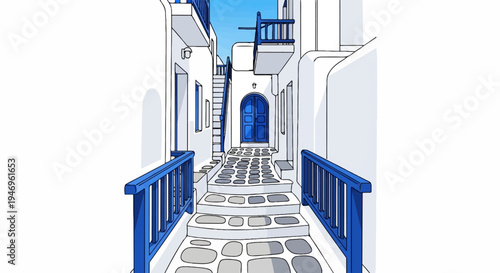 Traditional Mediterranean alley with whitewashed buildings, blue doors and railings, and a stone path leading uphill