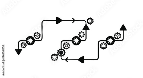 Industrial gears, mechanical process, workflow diagram, engineering icons, black and white vector