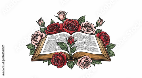 An open book with text on pages, encircled by blooming red and pink roses with green leaves