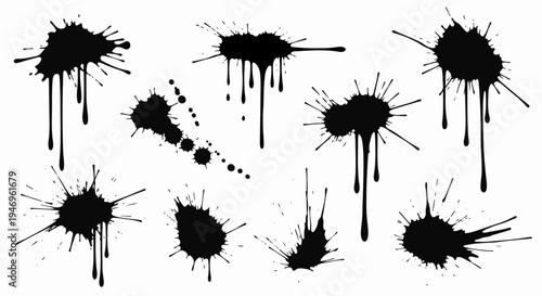 Multiple abstract black ink splatters and drips, creating dynamic, messy shapes on a white canvas