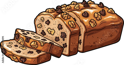A cartoon-style loaf of chocolate chip and walnut bread, partially sliced, against a white background