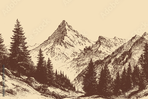 Alps landscape illustration in a vintage style. This vector illustration can be used in any size you like for advertising, logos, and other work.
