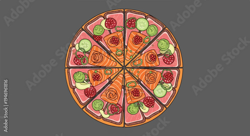 Illustration of a round pizza-like dish, divided into many slices, topped with salmon, caviar, and vegetables
