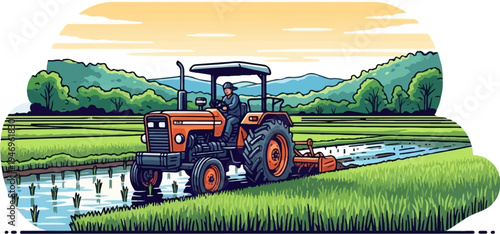 A farmer drives an orange tractor through a lush green rice paddy field with distant trees under a sunny sky