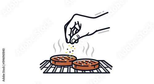 An illustrated hand seasons two sizzling burger patties cooking on a grill with spices