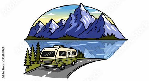 Illustrated camper van driving on a road before majestic mountains and a serene lake, adventure emblem