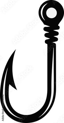 A stark black and white line art illustration of a fishing hook with a barbed tip and eye