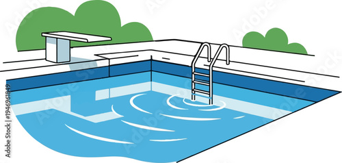 Vibrant vector illustration of an outdoor swimming pool featuring a diving board, ladder, and greenery