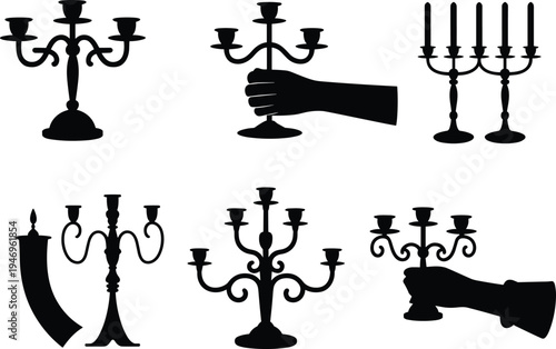 Candelabra, candle, holder, silhouette, vintage, candlestick, chandelier, antique, decoration, candlelight, classic, elegant, gothic, vector, illustration, black, set, ornate, interior, decor