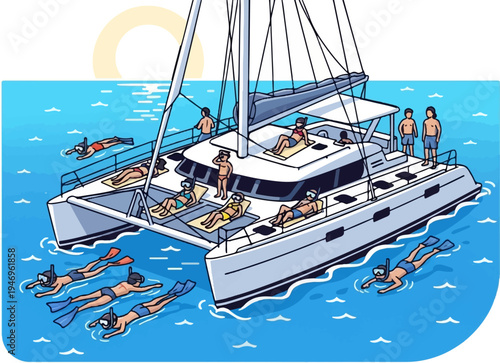 People sunbathing and snorkeling around a large catamaran sailboat on a bright, sunny ocean day vacation