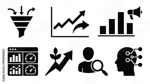 Set of 8 business icons vector, black on white background