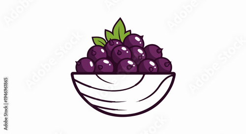 A stylized illustration of a white bowl overflowing with dark purple berries and green leaves