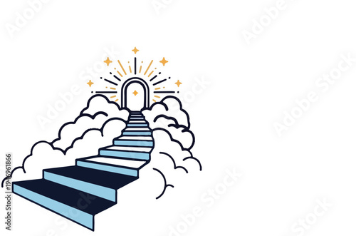 Stairway ascending through fluffy clouds towards a glowing archway, surrounded by sparkling stars