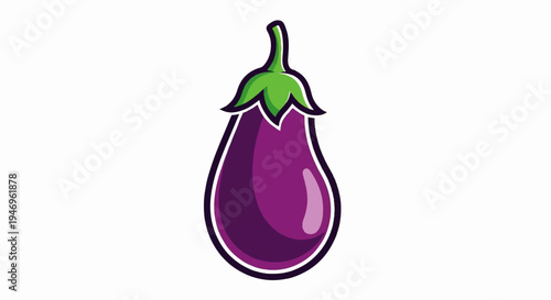 Vibrant cartoon illustration of a single purple eggplant with green stem and calyx on a white background