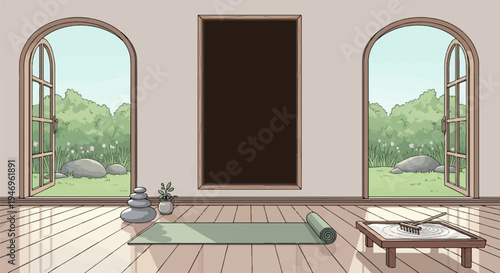 A calm, minimal room with an open garden view, yoga mat, Zen garden, and stacked stones