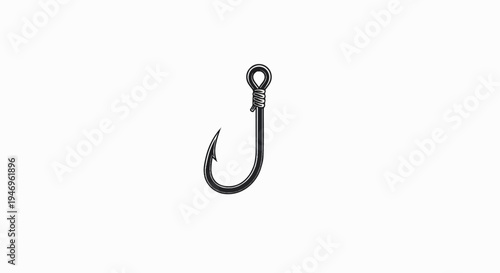 A detailed illustration of a single dark metal fish hook with a wrapped eye on a white background