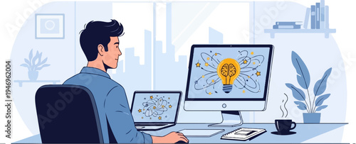 Man working at desk, brainstorming. A glowing brain-lightbulb with orbiting stars fills his computer screen