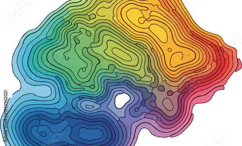 Abstract topographic map with vibrant rainbow contour lines on an irregular shape, showing elevation changes