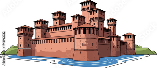 Cartoon illustration of a grand medieval castle with numerous towers, surrounded by a blue moat and green land