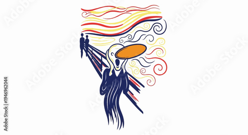 Stylized person with hands to face, open mouth, screaming expression amidst abstract, swirling background colors