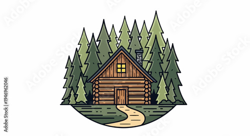 Stylized illustration of a rustic wooden log cabin nestled among green pine trees, with a winding path