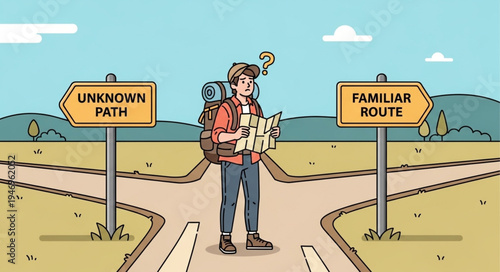 Man standing at crossroads decision.