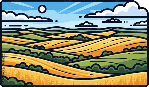 An idyllic vector illustration of a rolling rural landscape with golden fields, green hills, and blue sky