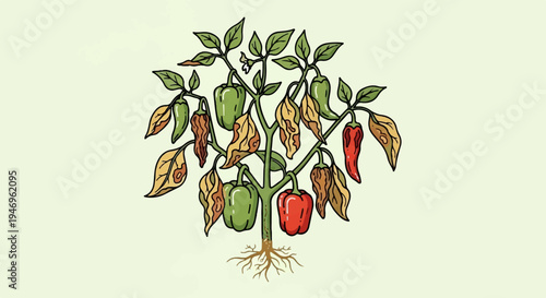 Cartoon pepper plant showing green bell, red chili peppers, yellow wilted leaves, and roots
