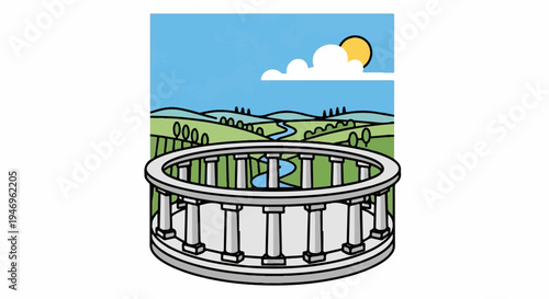 Cartoon illustration of a circular balcony overlooking a scenic landscape with hills, trees, river, sun