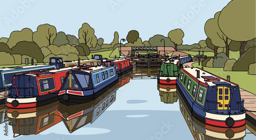 Colorful canal boats docked and navigating a waterway with a lock and bridge, surrounded by trees
