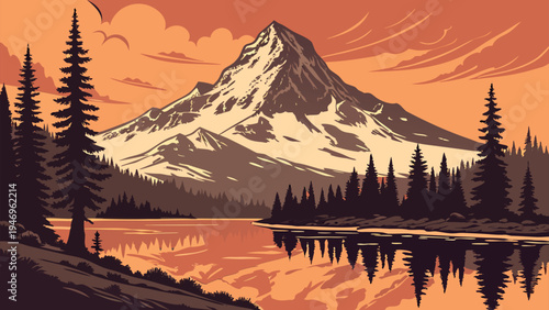 Vintage Retro Landscape of Snow-Capped Mountain Peak and Lake at Sunset