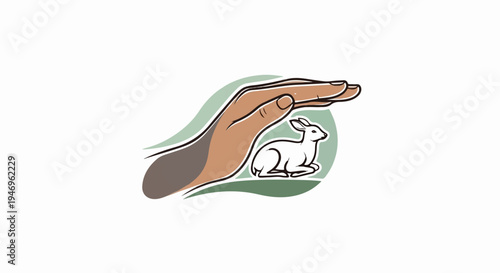 Illustration of a human hand protecting a small white rabbit nestled in green foliage, symbolizing care